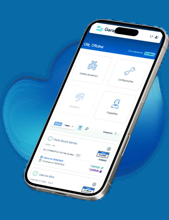 Tela do Garage no celular com a lista de ordens de serviço, mostrando cliente, veículo e placa